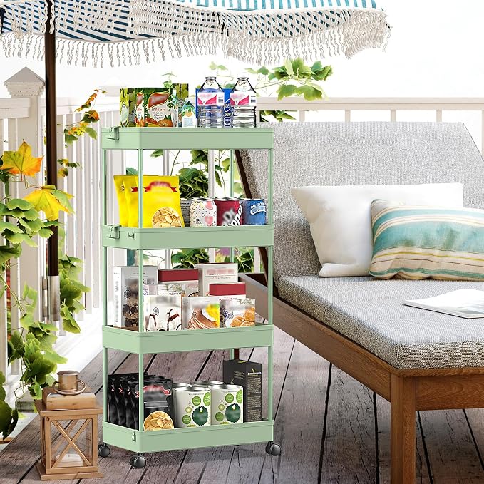 SPACELEAD 4 Tier Rolling Cart with Wheels, Storage Craft Art Trolley Organizer Serving, 3 Hanging Baskets Easy Assembly, for Office, Living Room, Kitchen
