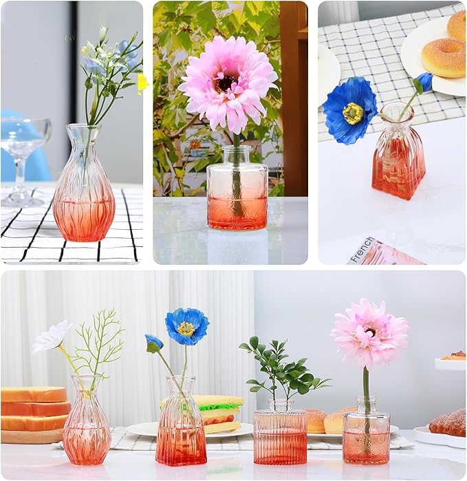 Mapoxy Glass Bud Vases Set of 4,Small Orange Flower Vases for Wedding Centerpiece Table Decorations,Clear Vintage Embossed Mini Vases,Flower Arrangements in Vases for Party or Home Decor