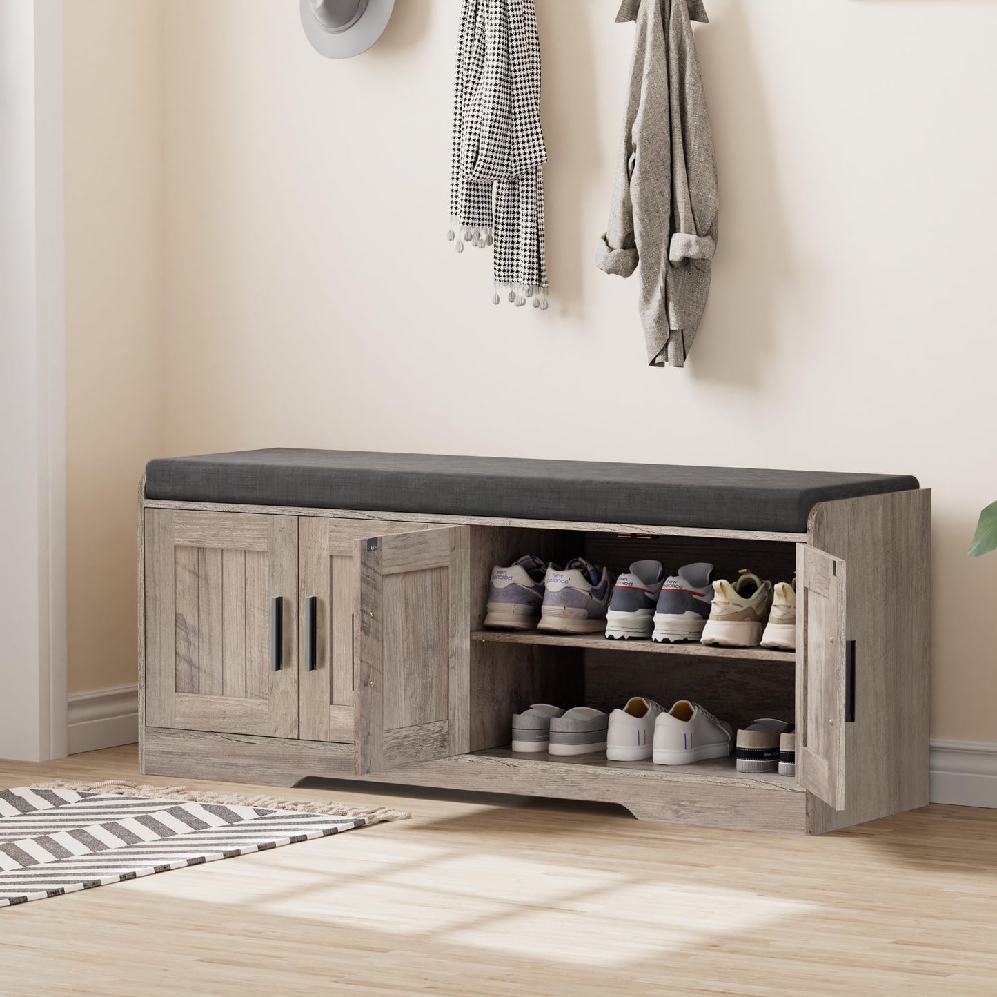 Homleke 2-Tier Storage Bench, Shoe Bench with Thickened Padded Seat Cushion, Entryway Bench with 4 Doors, Adjustable Shelf, 13.8" D x 45.3" W x 18.5" H, for Entryway, Living Room, Bedroom, Greige