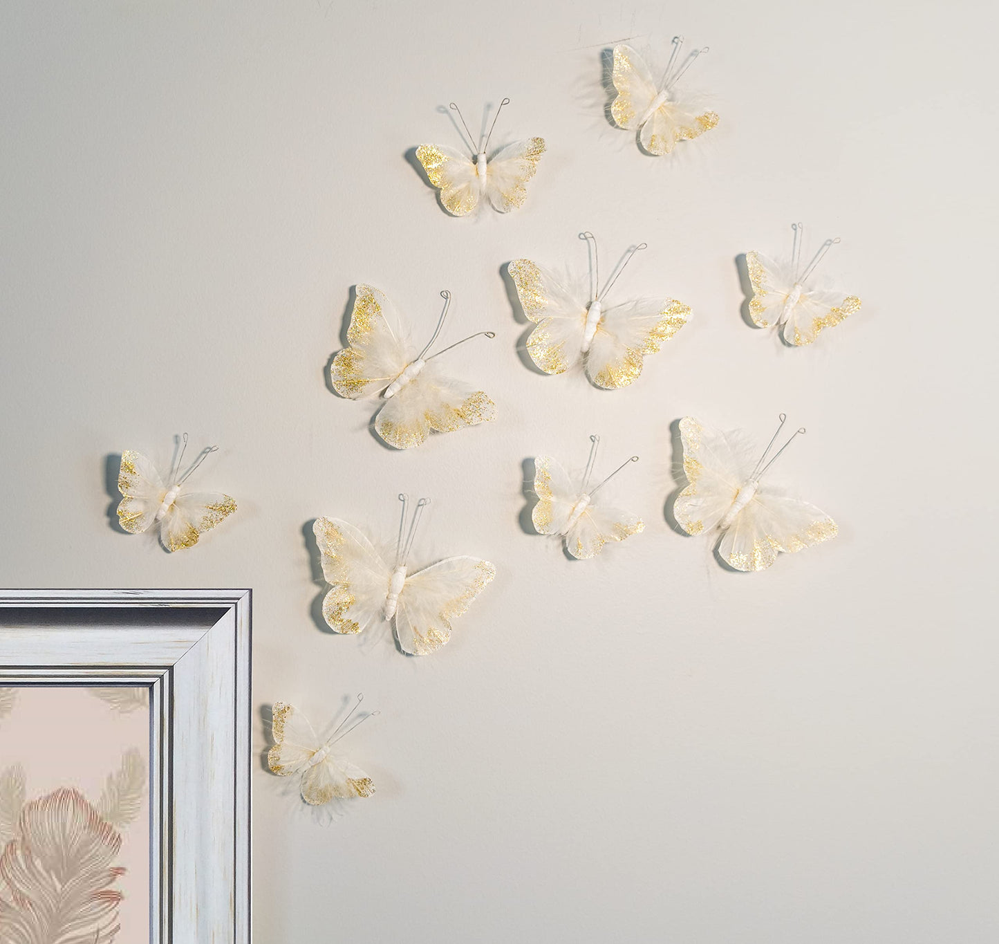 Inspired by Jewel Butterfly Wall Decorations Premium Quality Real Feather 3D Wall Decals Girls Bedroom | Stunning Gold Glitter Decor Stickers All Rooms & Nursery Sets | 10 Adhesive Pieces