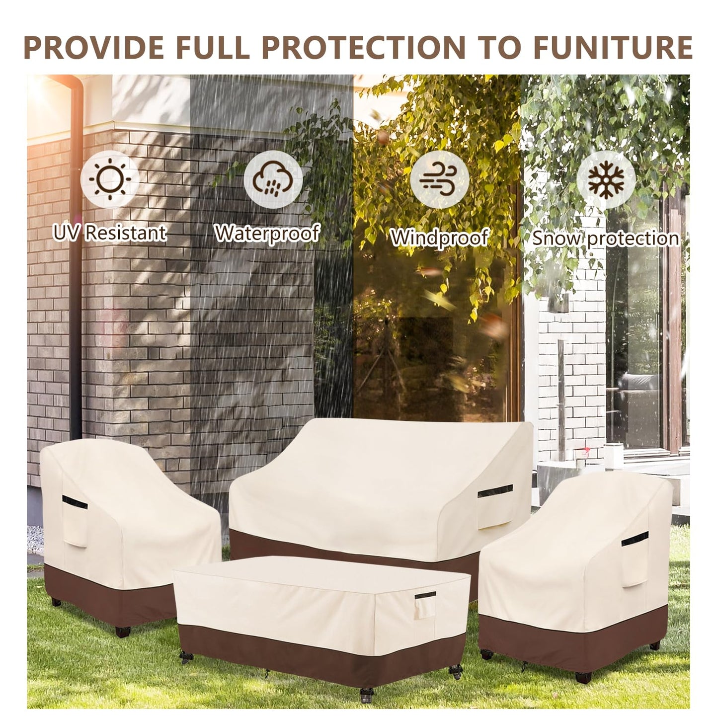 Rileytee Outdoor Furniture Set Cover, 4 Pcs 600D Heavy Duty 100% Waterproof Patio Furniture Covers,Fit Patio Loveseat,2 Chair and Coffee Table (Beige & Brown,Small)