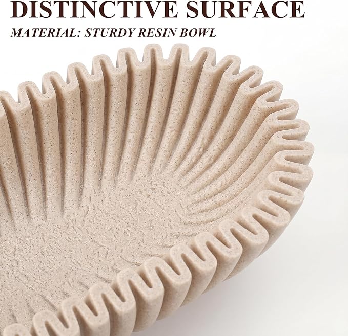 Large Decorative Bowl for Home Decor Long Dough Key Bowls Coffee Table Decor Centerpiece Beige Ruffle Scalloped Resin Modern Handicraft Bowl for Kitchen Counter Farmhouse Entryway