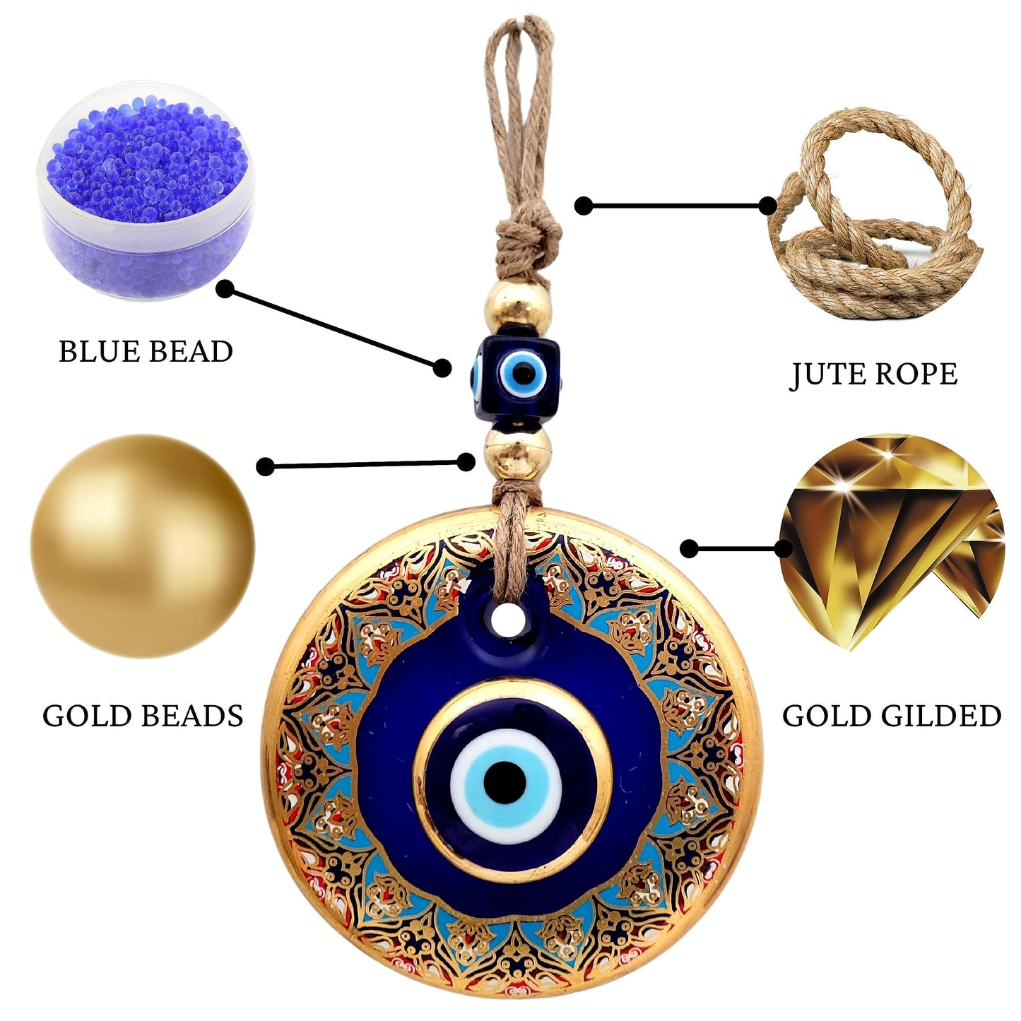 Candymosa 4.3" Glass Blue Evil Eye Wall Hanging Floral Design Gold Ornament - Home Protection Charm - Evil Eye Wall Decor - Turkish Nazar Amulet