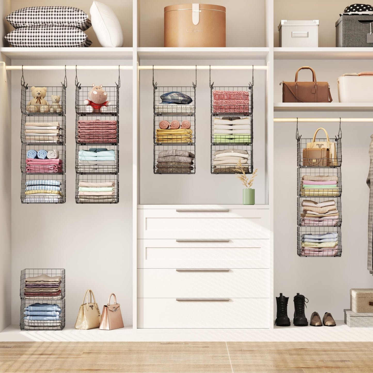 4 Tier Closet Hanging Organizer, Closet Organizers and Storage with 5 S Hooks, Closet Hanging Shelves & Freestanding Wire Storage Basket Bins, for Clothing Shoes Handbags Clutches Accessories Patent