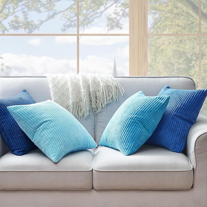 Topfinel Blue Decorative Throw Pillow Covers 16x16 Inch Set of 4,Soft Accent Corduroy Striped Gradient Color Small Cushion Cover for Beach,Patio,Balcony,Couch Living Room,Summer Home Decor