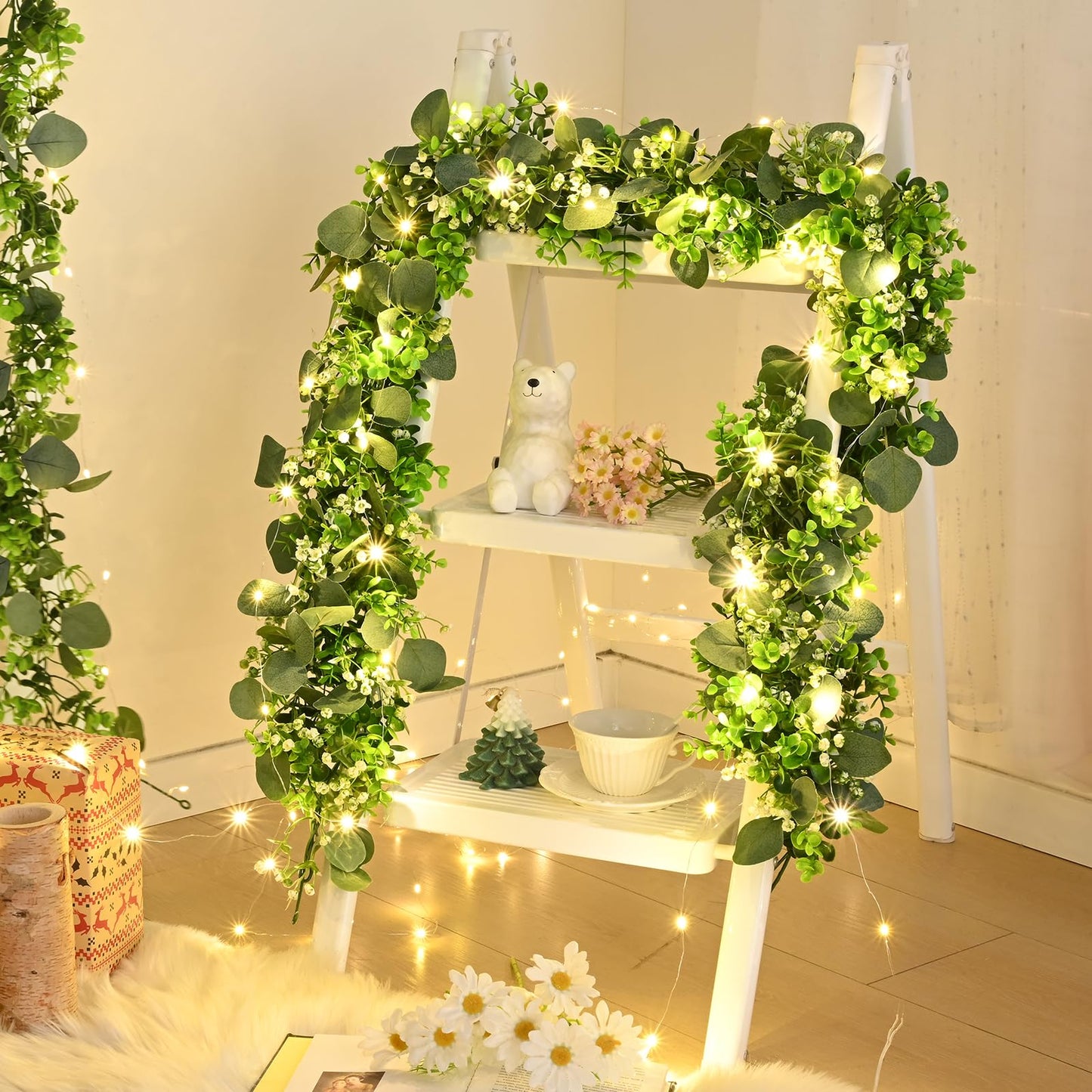 2Pcs Eucalyptus Garland with Lights, Greenery Garland, Green Garland with Flowers, 5.9FT Artificial Faux Eucalyptus Leaves Vines for Table Mantle Home Wedding Party Indoor Outdoor Decor