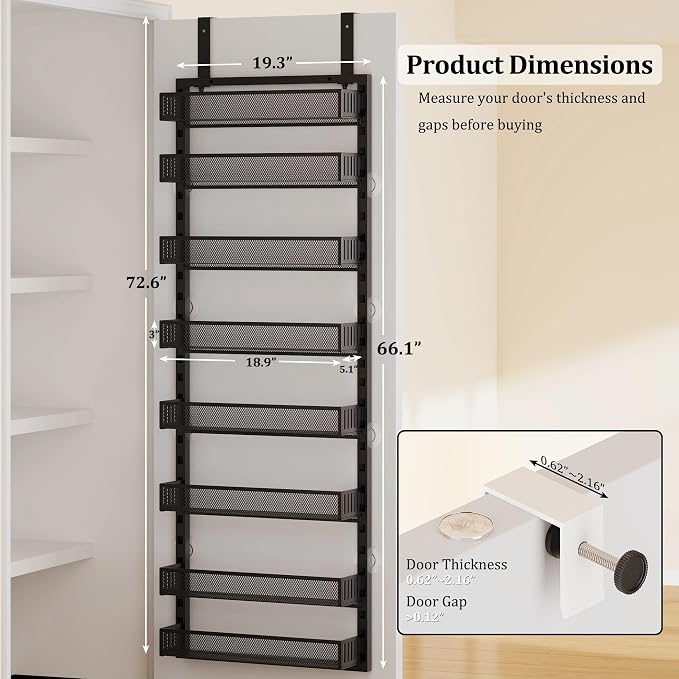 Over the Door Pantry Organizer, 8-Tier Over the Door Spice Rack with Adjustable Baskets, Wall-Mounted or Hanging Shelves for Kitchen, Laundry Room, Bathroom(Black, 19.3"W x 5.2"D x 72.6"H)