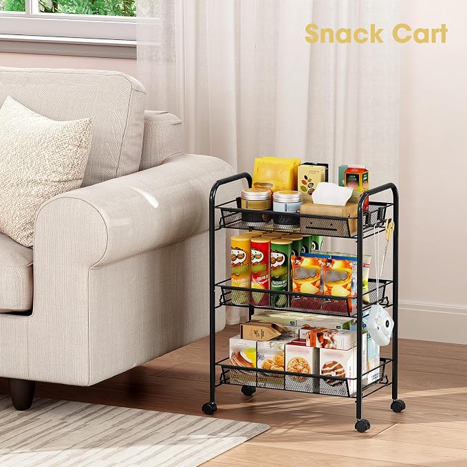 TOOLF 3-Tier Metal Rolling Cart, Mesh Wire Easy Assemble Utility Cart, Storage Trolley on Wheels with 3 Hooks, MetalStorage Shelving Units for Kitchen Bathroom Laundry Room