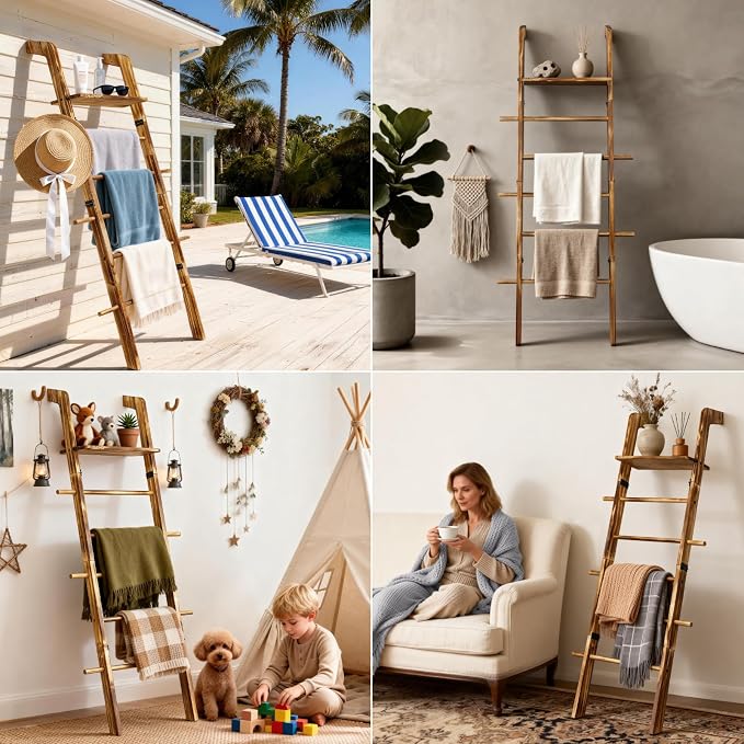 67" Wooden Blanket Ladder with Shelf and Hooks, 6-Tier Blanket Ladder for Living Room, Wall-Leaning Towel Ladder and Quilt Rack Storage, Farmhouse Decor Ladder for Display