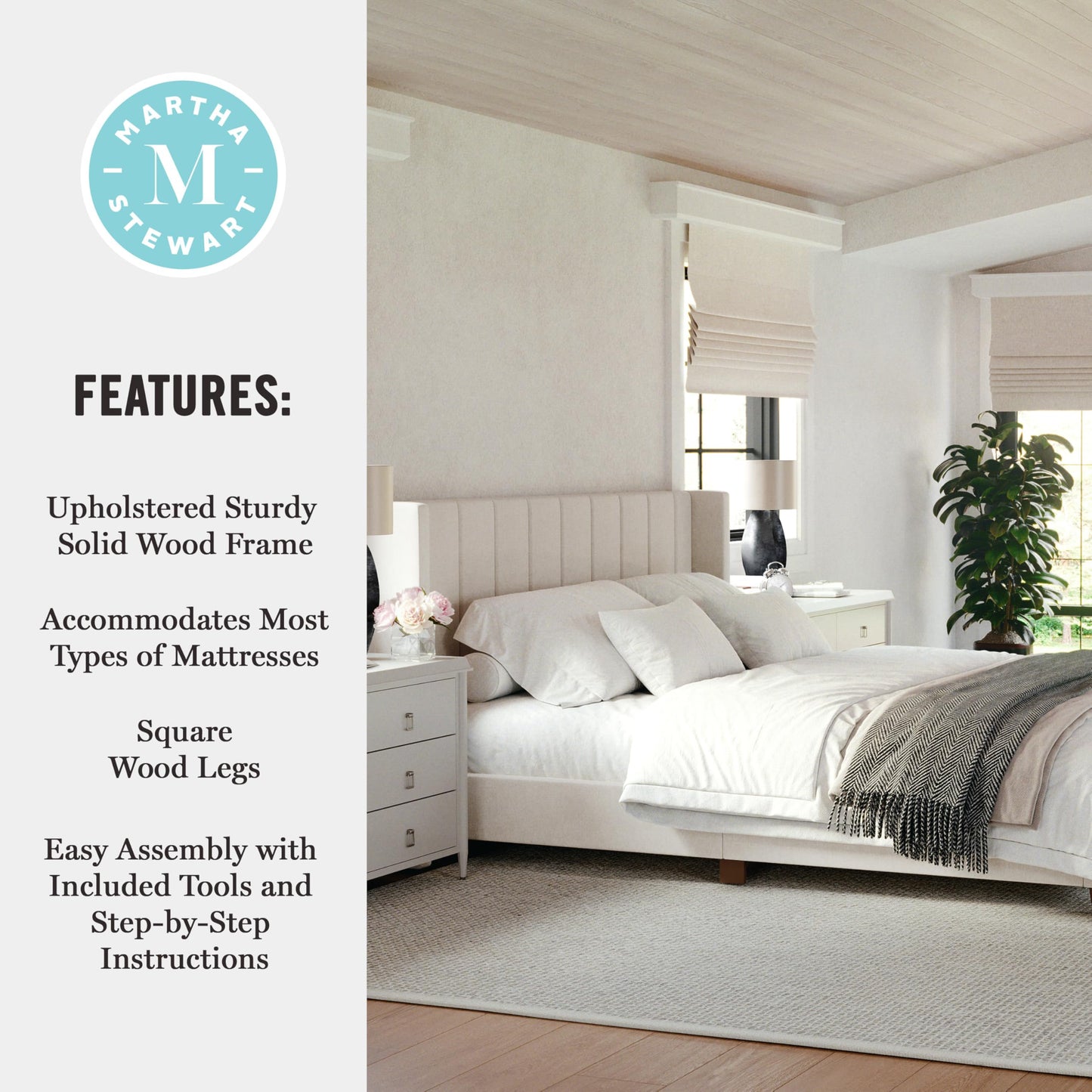 Martha Stewart Kay Low Profile Platform Bed with Wingback Headboard, Channel Stitched Faux Linen Upholstery, No Box Spring Needed, King, Beige