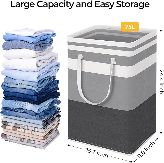 HomeHacks 4-Pack Large Laundry Basket,75L Each Waterproof, Freestanding Laundry Hamper, Collapsible Tall Clothes Hamper with Extended Handles for Clothes in the Dorm and Family-Gradient Grey