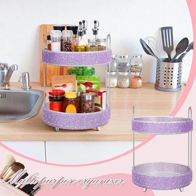 Honeydak 360 Rotating Perfume Organizer Gift for Women, Rhinestone Preppy Skincare Organizer Bathroom Counter Makeup Holder Skincare and Perfume Storage for Cosmetic(2 Tiers,Pearl,Purple)