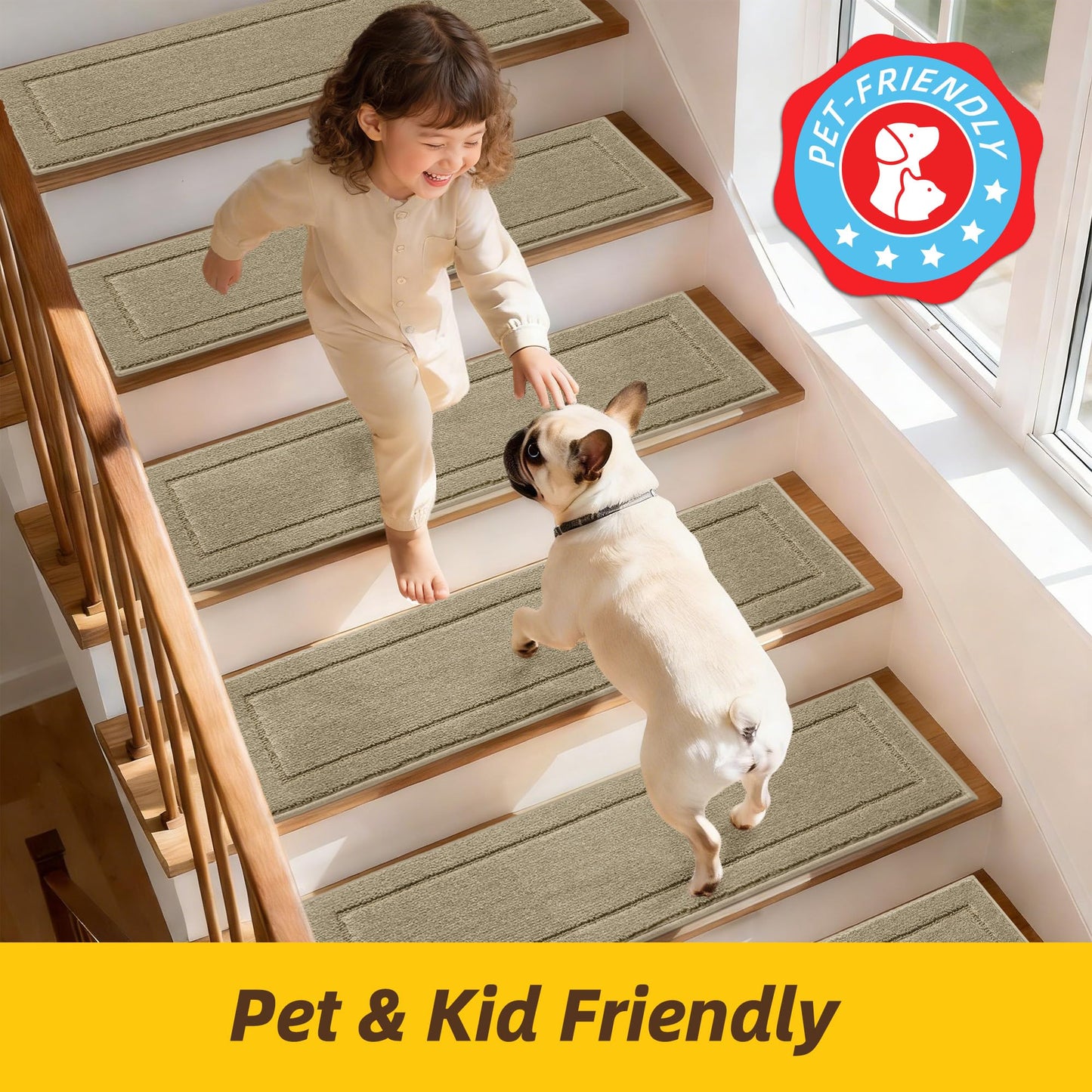 Non-Slip Stair Treads for Wooden Steps Indoor, 15 Pack 8" X 30" Edging Stair Rugs with TPE Backing, Carpet Stair Treads for Kids Elders & Pets, 100% Polyester Soft Stair Runners, Beige