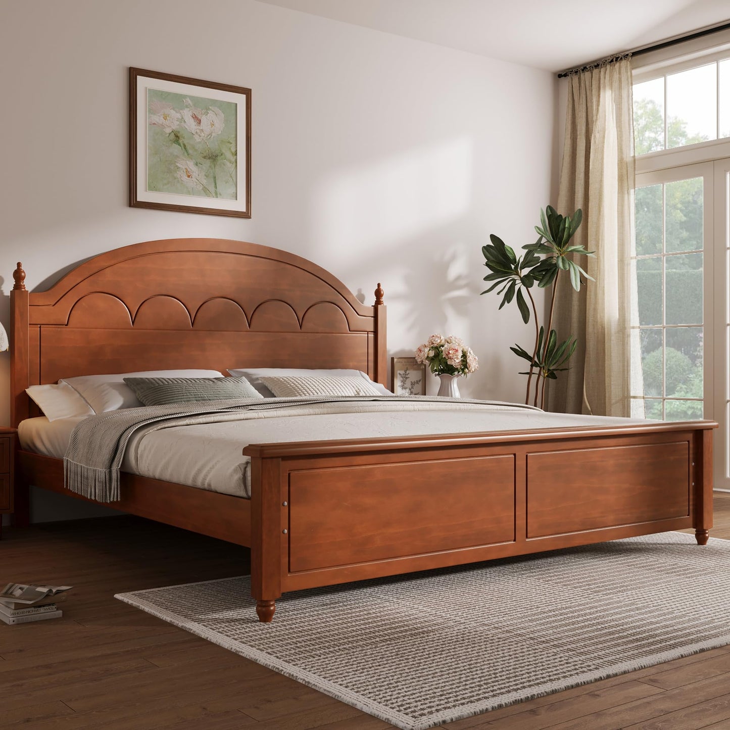 Merax Solid Wood Queen Platform Bed Frame with Arched Headboard, Durable Sturdy Construction, Classic Elegant Style, No Box Spring Needed, Easy Assembly, Oak