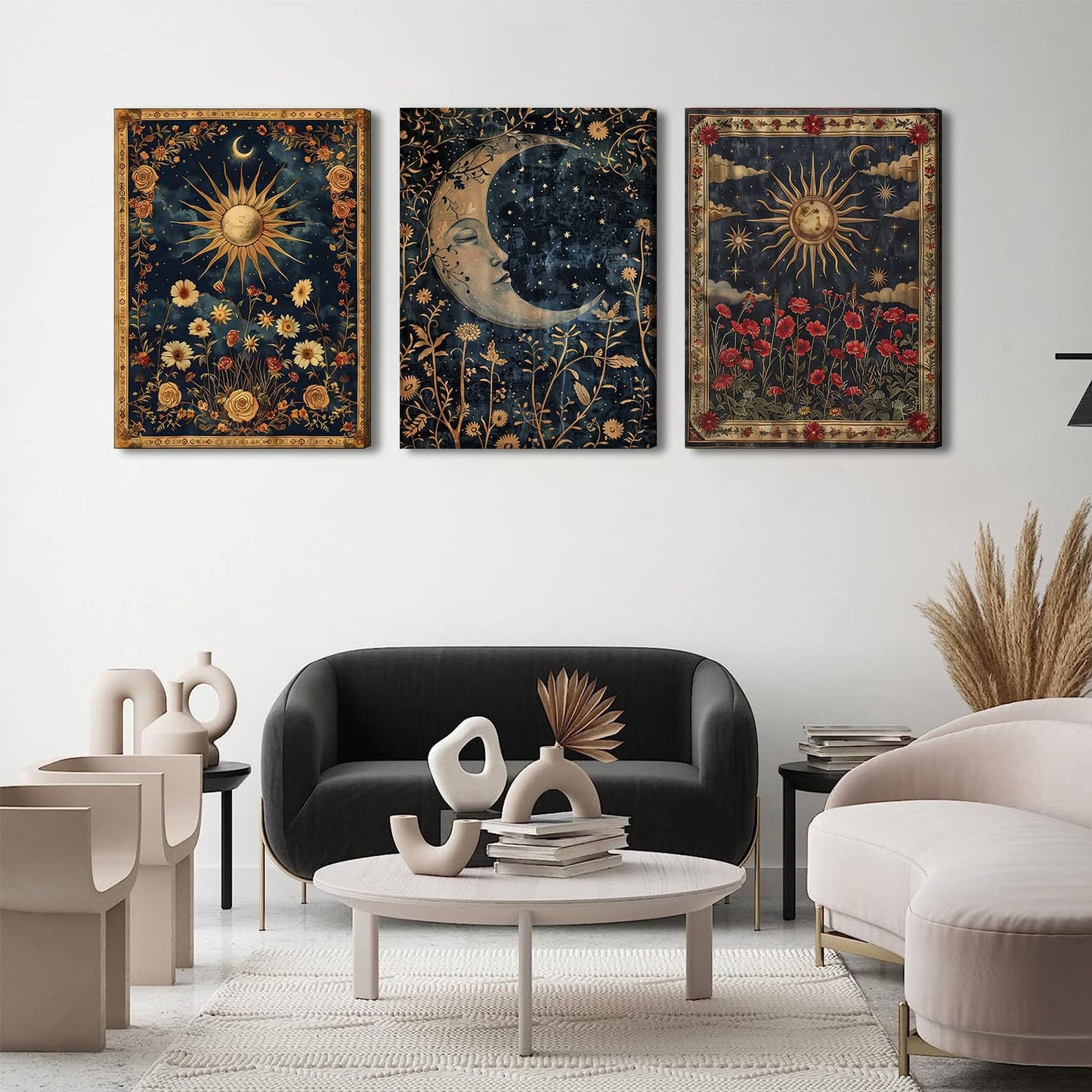 3pcs Sun and Moon Celestial Canvas Wall Art Tarot Crescent Moon Picture Wall Decor Gothic Wildflowers Painting Posters Print Artwork Aesthetic Dark Academia Vibe for Bedroom Home Decor(12x16in canvas)