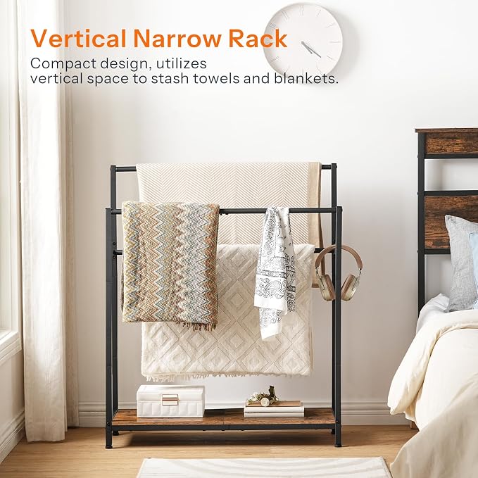 HOOBRO Extra Large Free Standing Towel Rack, 3 Tier Blanket Rack, Blanket Holder for Bathroom, 32.3" L x 11.4" W x 39.4" H, for Living Room, Bedroom, Rustic Brown and Black BF30LB01