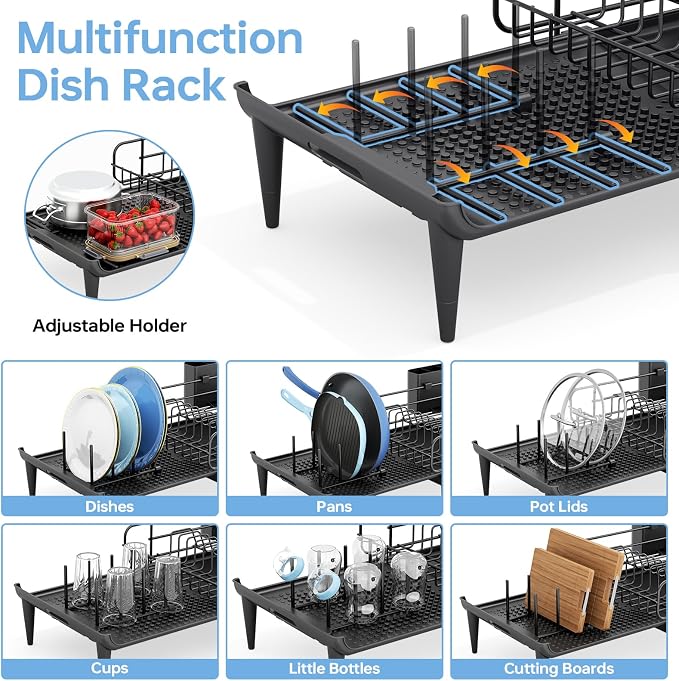 TOOLF Large Dish Drying Rack, Expandable Dish Rack for Kitchen Counter, Multifunctional Dish Drainer, Organization and Storage Essentials with Cup & Cutlery Holders, 16.7"-26.8" L x 12.6" W, Black