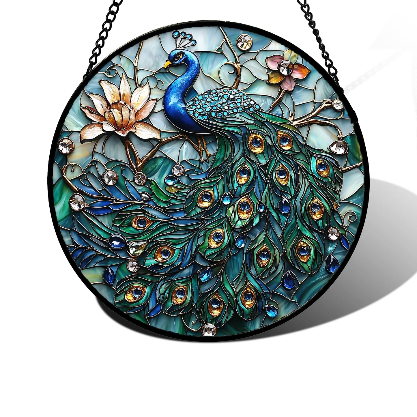 DASTOLL Stained Glass Window Hanging, Blue Peacock Decoration Suncatcher for Door Garden Home Flower Bird Sun Catchers Christmas Mother's Day Birthday Gifts for Women Men Mom Nana Friend 6.3 in