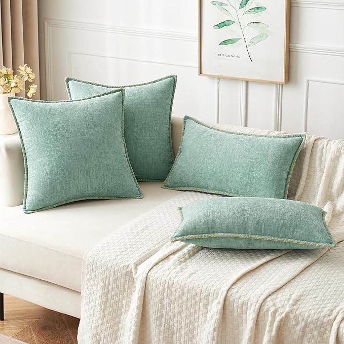 MIULEE Pack of 2 Summer Throw Pillow Covers 16x16 Inch Aqua Green Farmhouse Decorative Pillow Covers with Stitched Edge Soft Chenille Solid Dyed Pillow Covers for Couch Sofa Bed Living Room