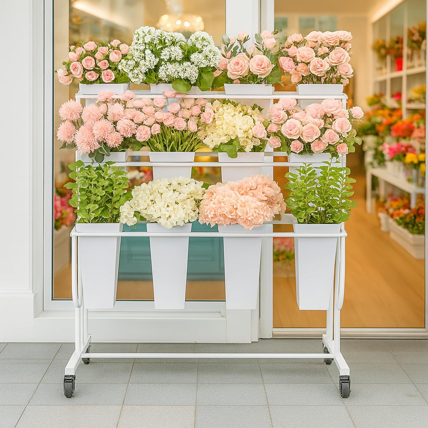FEFZSFER Flower Display Stand Frame, 3-Tier Flower Cart with Wheels, Metal Floral Display Rack , Moving Florist Bouquet Shelf for Shop ,Flower Bar, Events, without Buckets(White, 3 Tier)