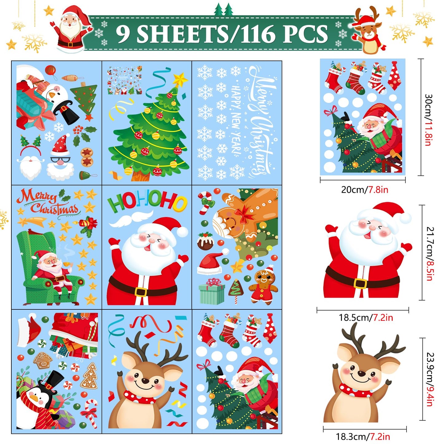 Christmas Window Clings, Christmas Window Decorations Santa Snowman Reindeer Xmas Snowflake Merry Christmas Window Clings, Double-Side Window Stickers for Party Xmas Decorations Home School (9 Sheets)