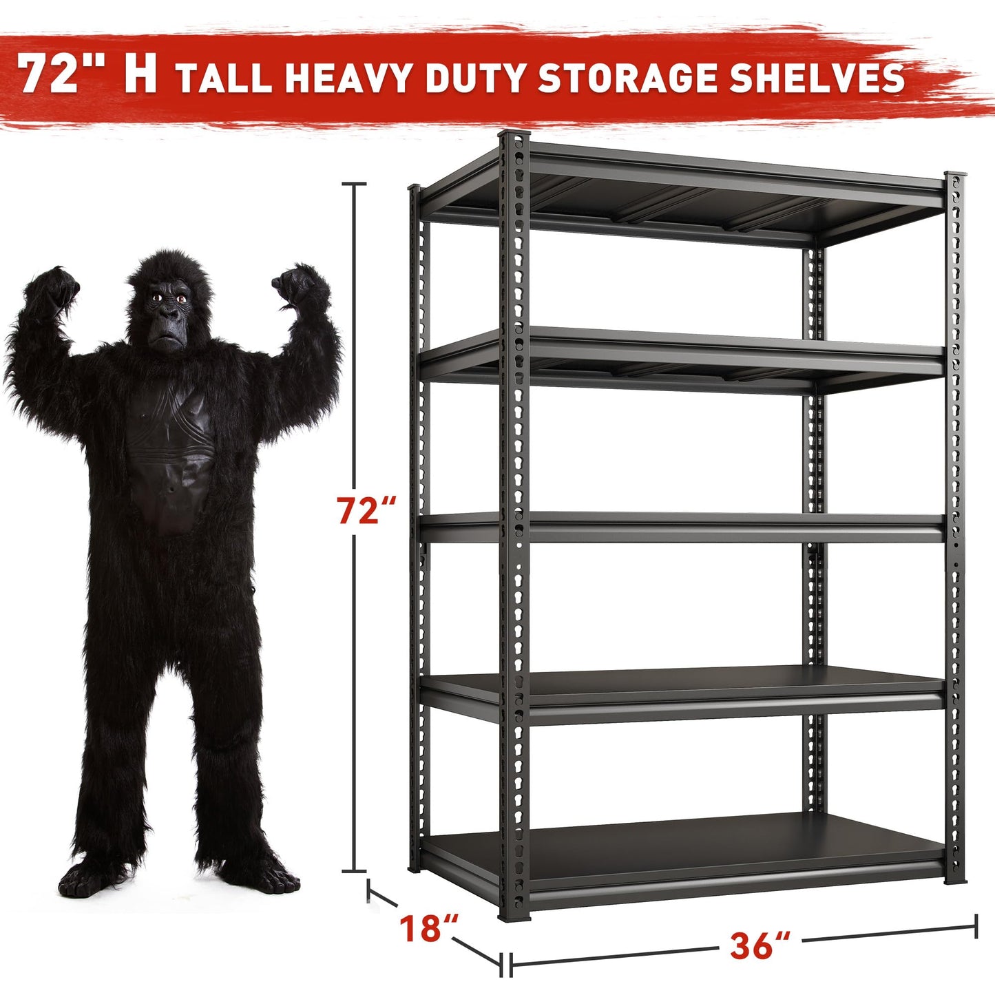 REIBII 72" H Garage Shelving Load 2500 LBS, Heavy Duty Storage Shelves, 5-Tier Adjustable Garage Shelves for Warehouse, Basement, 72" H x36 W x18 D, Black, 4 Pack