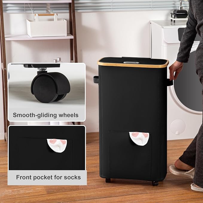 Vincona Laundry Basket with Wheels, Tall Dirty Clothes Hamper on Wheels, Rolling Laundry Hamper with lid for Dorm, Bedroom and Bathroom