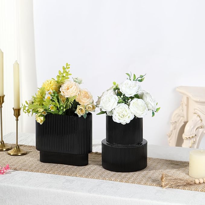 Black Glass Vases, Set of 2 Ribbed Glass Vases for Flowers, Modern Vase for Tulips, Black Vase for Living Room, Dining Table, Office, Entryway, Mantle, Bookshelf, Wedding Gifts