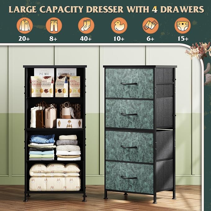 WLIVE Dresser with 4 Drawers, Storage Tower, Organizer Unit, Fabric Dresser for Bedroom, Hallway, Entryway, Closets, Sturdy Steel Frame, Wood Top, Easy Pull Handle, Vintage Green