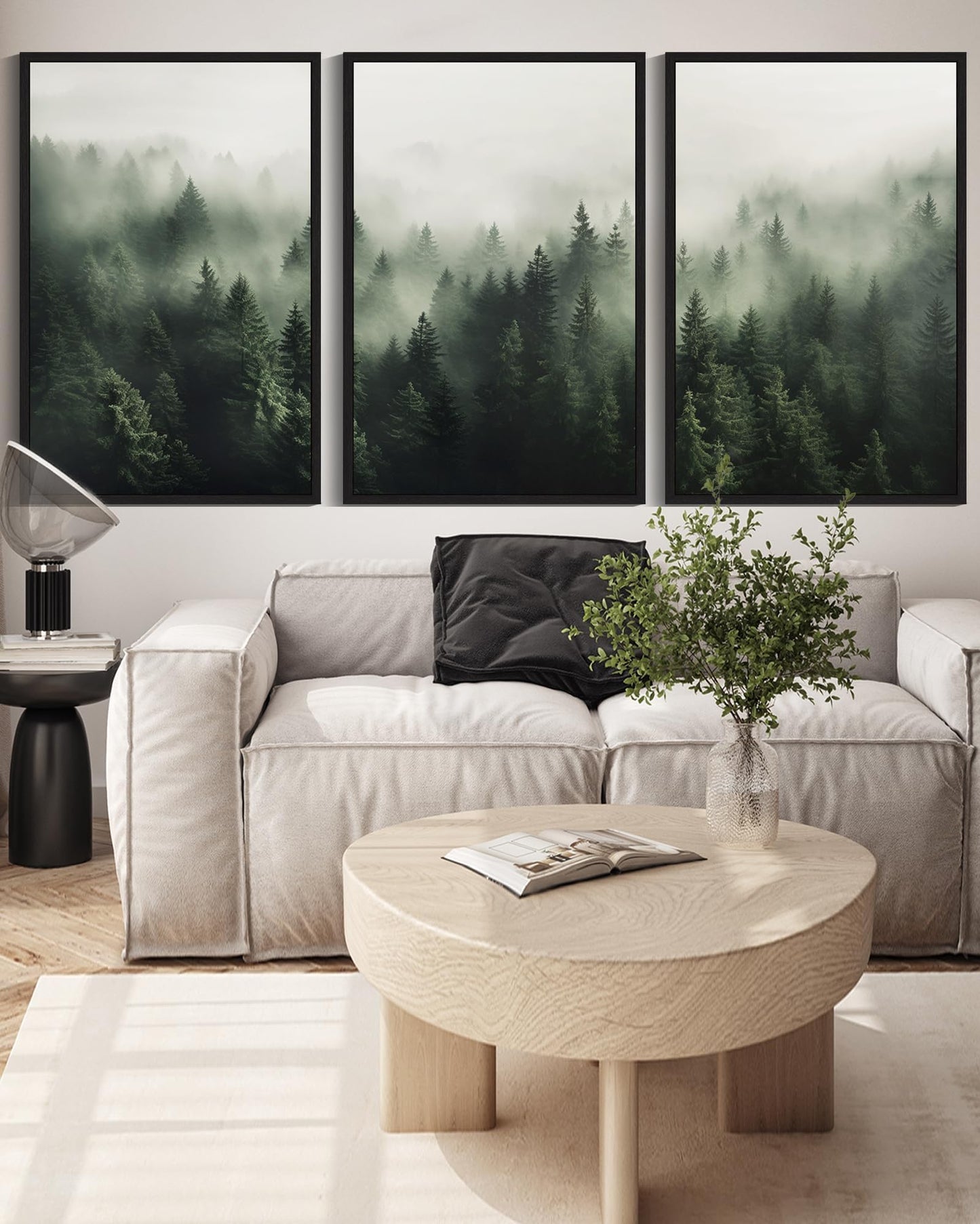 SHENIFY Green Fog Pine Tree Forest Canvas Wall Art Large 24x36in Framed Modern Artwork Prints Decor - Black Framed