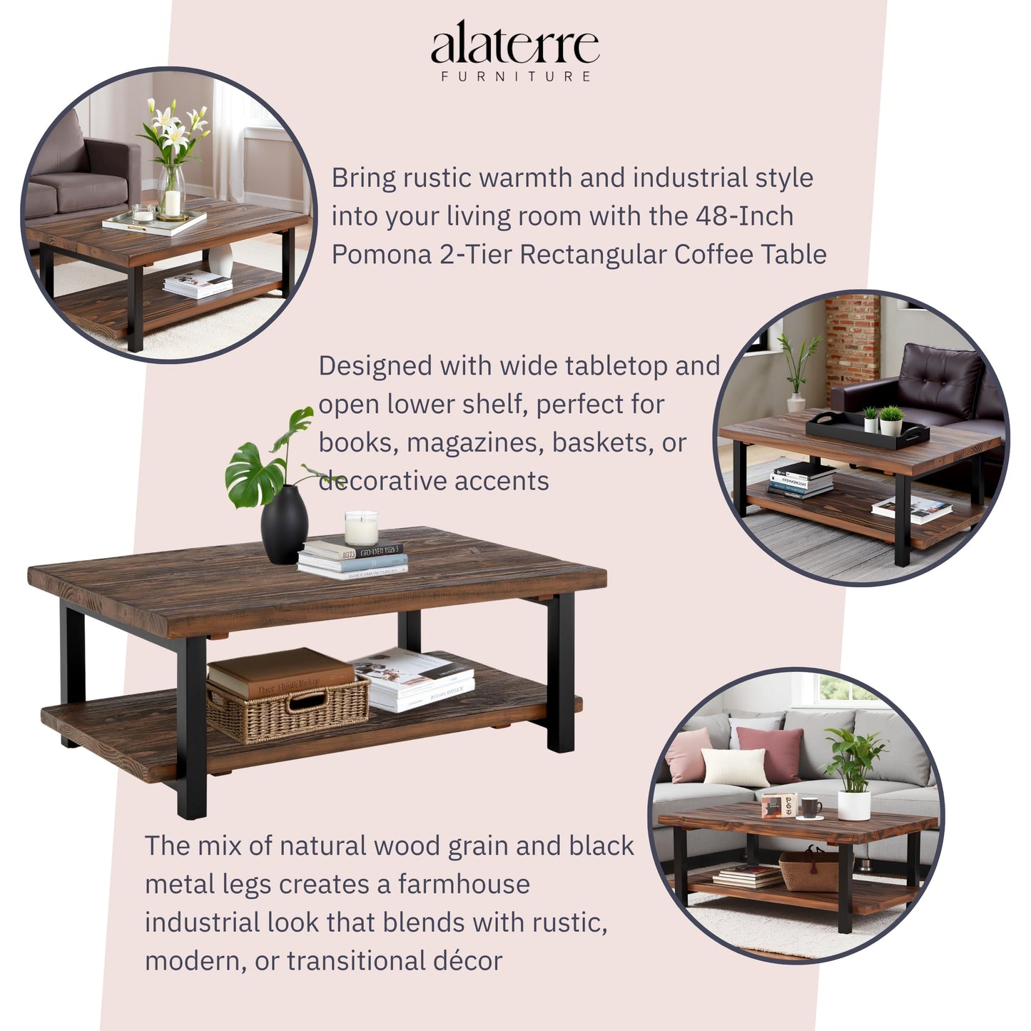 Alaterre Furniture Pomona Living Room 48 Inch Rectangular Solid Wood Coffee Table with Storage Shelf & Metal Legs – Rustic Industrial Farmhouse Large Living Room Table (Rustic Brown)