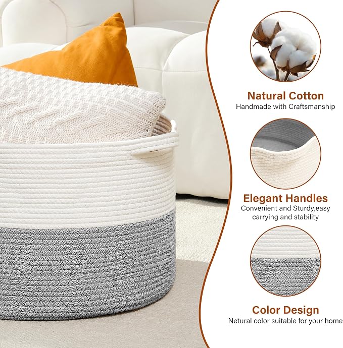 Foldable Laundry Hamper Basket with Collapsible Handle Cotton Rope Soft Woven Fabric Storage Organizer Clothes Toys Nursery Bedroom Dorm Space Saving Bin (White & Light Grey, 65L(19.7"D x 12.6"H))