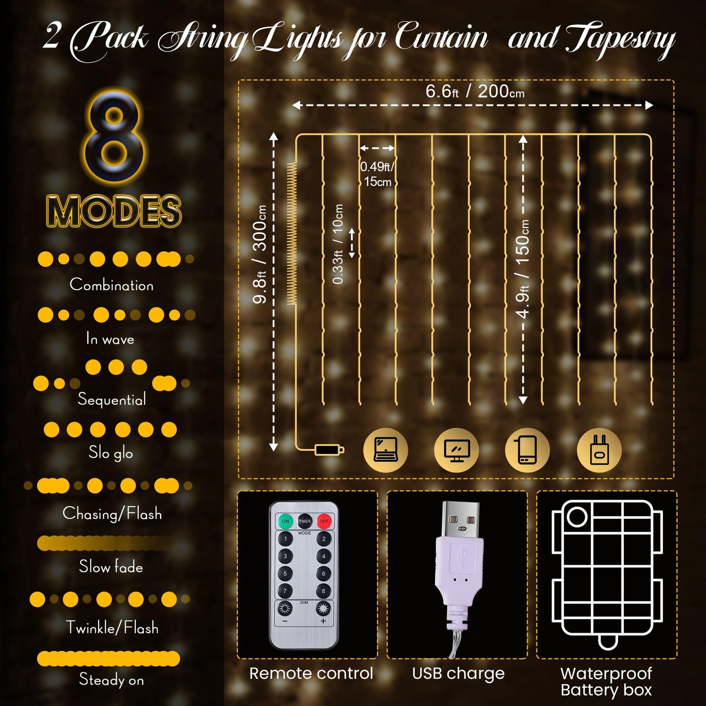 Tuanse 195 LED Curtain Tapestry Lights Backdrop String Lights, 6.5 x 5 Feet Hanging Fairy Curtain Light with 8 Lighting Modes and Remote for Bedroom Window Wall Indoor Outdoor Graduation Decor 1 Pack