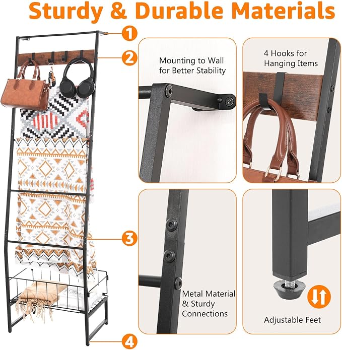 Metal Blanket Ladder with Basket, 5 Tier Black Blanket Ladders for the Living Room with Hooks, 5.2ft Wall Leaning Quilt Ladder for Blankets, Towels & Throws, Farmhouse Decor