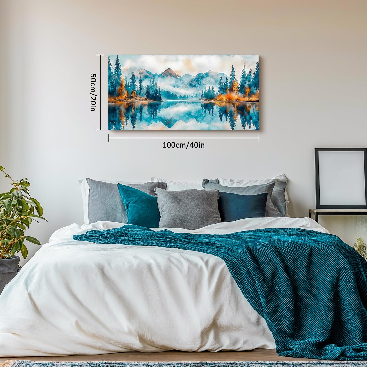 SLYCAY Large Mountain Wall Art Forest Landscape Prints, Blue Nature Scenery Lake Pictures Wall Decor Misty Forest Golden Painting Modern Artwork Living Room Bedroom Office 20"X40"