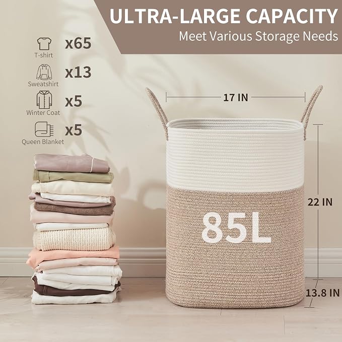 AINUOQI Laundry Basket with Handles - Blanket Basket & Hampers for Bedroom Aesthetic, Laundry Hamper & Blanket Storage for Living Room, Clothes Hamper, Tall, Large 17" x 14" x 26”, White & Rice Brown
