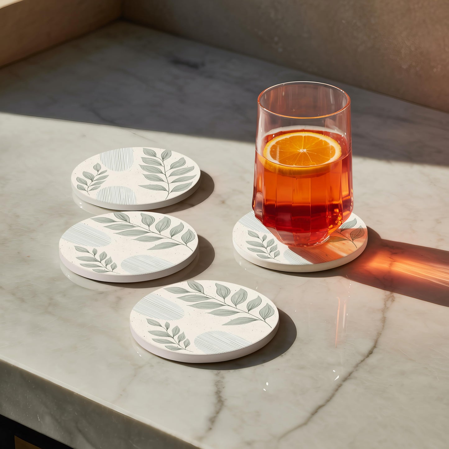 VEYRO Ceramic Coasters Set of 4 – Absorbent Stone Drink Coasters with Holder, Non-Slip Cork Backing, Modern Marble Look Coasters for Coffee Table, Desk & Home Decor