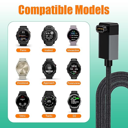 AGVEE 2 Pack 1.5ft Charger for Garmin Watch, L-Shape Zero Gap Charging Cable for Fenix, Forerunner, Vivoactive, Instinct, Venu, Tactix, Approach, D2, Quatix Series, Right Angle Braided, Dark Gray