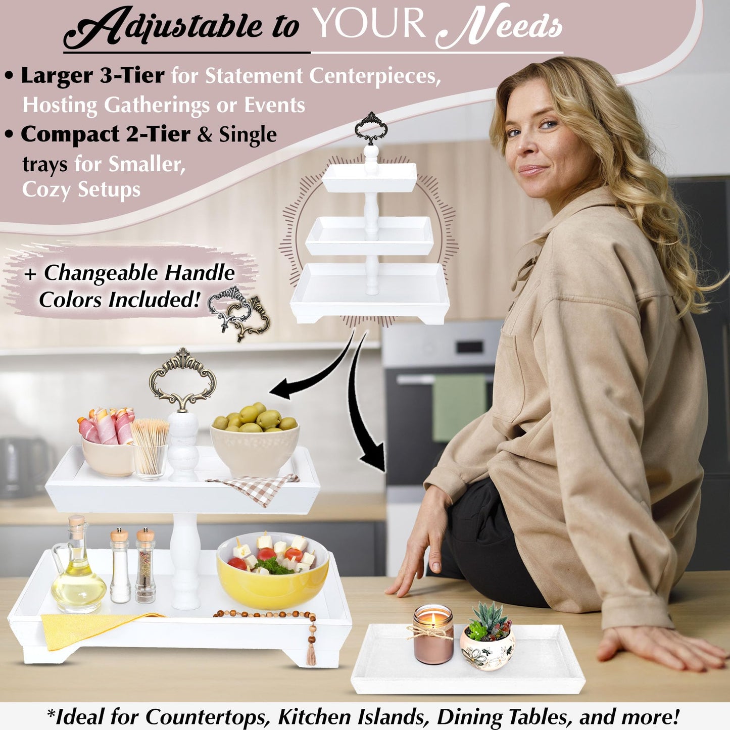 [3 in 1] 3 Tier Serving Tray - Gorgeous Coffee Table Tray (Includes 3 Handles) - Can Assemble into a 1, 2 or 3 Tier Serving Stands - Rectangle Wooden Kitchen Table Centerpiece Felt Creative Home Goods
