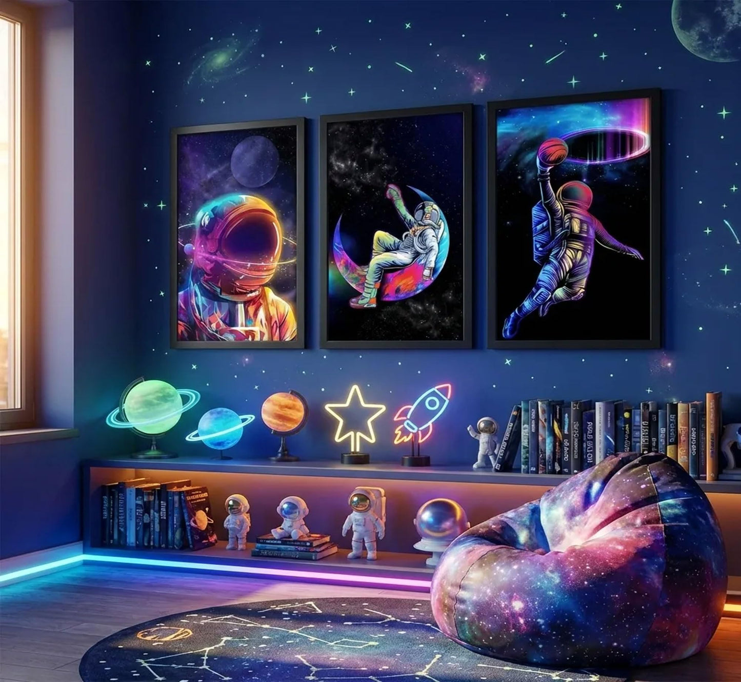 Framed 3pcs Astronaut Canvas Wall Art Dreamy Outer Space Galaxy Pictures Wall Decor Sci Fi Artwork Modern Universe Posters Prints Painting for Boys Bedroom Living Room Home Decoration