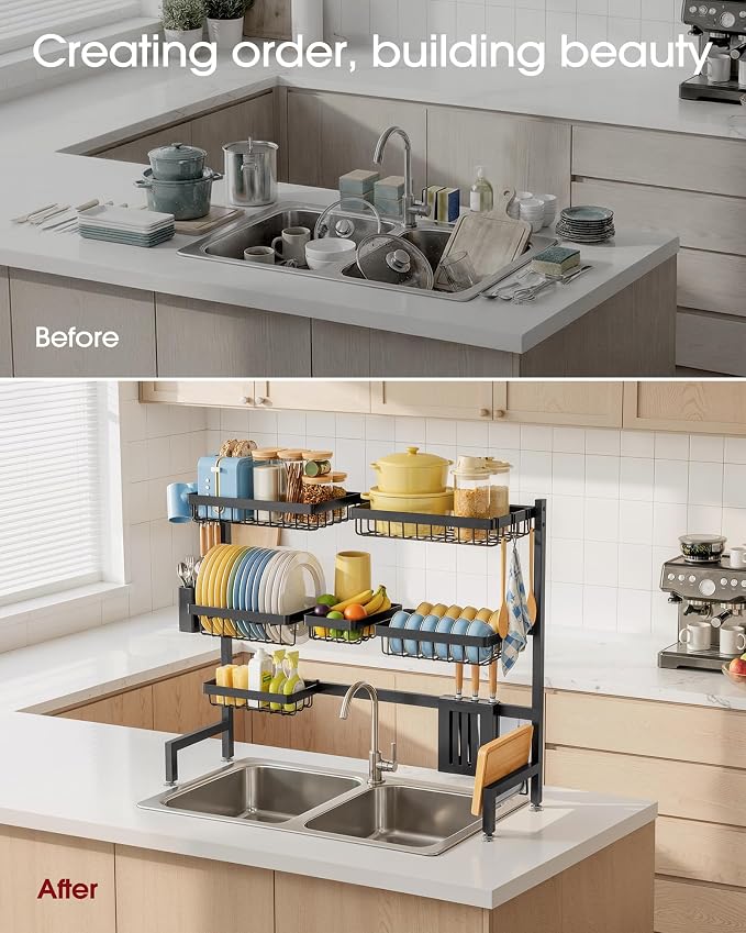 Sakugi Dish Drying Rack - Over The Sink Dish Drainer Drying Rack with Utensil & Knife Holder, Hooks, Stainless Steel Kitchen Organizers and Storage Solution, 11.8" D x 31.5"~39.0''W x 30" H, Black