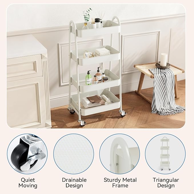 OLIXIS Metal 4 Tiers Utility Rolling Cart, Mobile Storage Shelf with Lockable Caster Wheels, Organization for Livingroom, Bathroom & Narrow Places, 4-Tier White