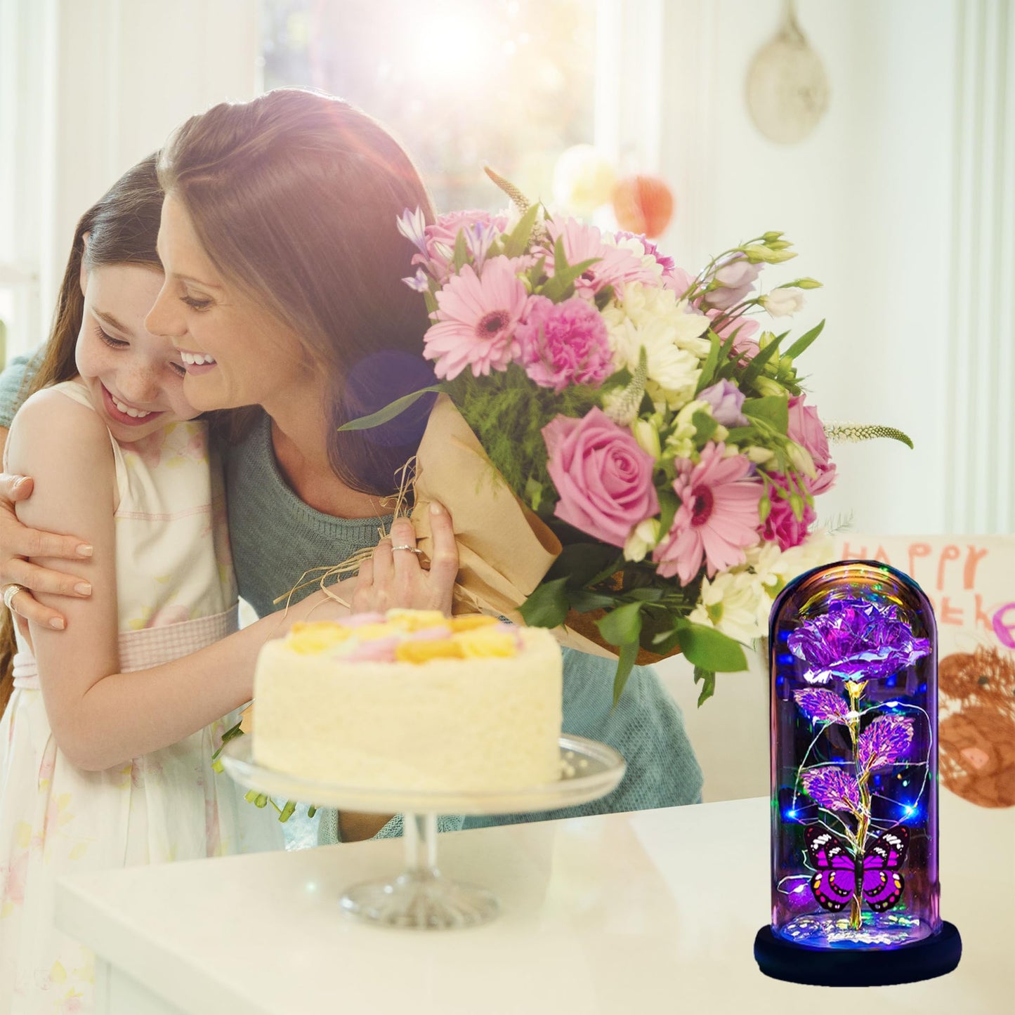 Thrjia Mothers Day Roses Flowers Gifts for Mom Women Wife Her,Mother Day Rose Gifts for Mom Women,Light Up Rose in A Glass Dome Butterfly Birthday Presents Wife Grandma from Daughter Purple Rose