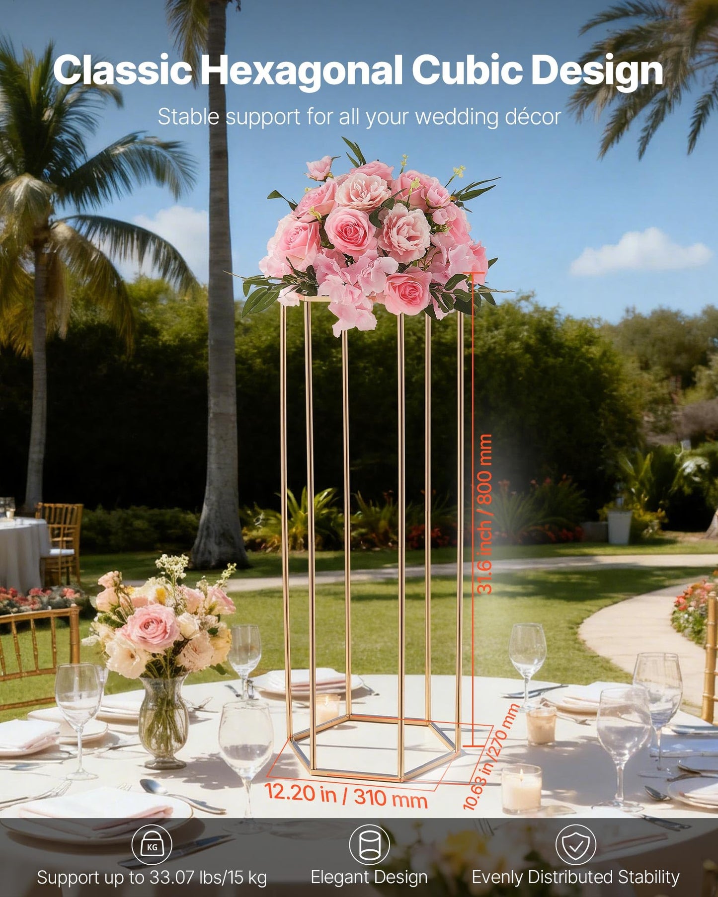 VEVOR Wedding Flower Stand, 10PCS 31.5-inch Column Flower Stand, Floral Stands with Acrylic Laminate, Hexagonal Cubic Floral Display Rack for Wedding, Party, Birthday, Home,French Gold Stands