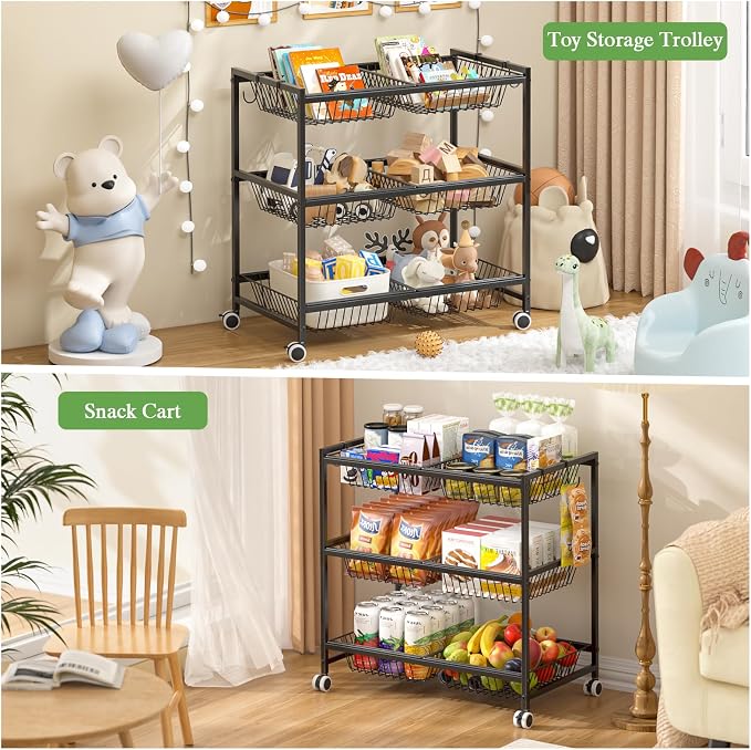 3-Tier Rolling Pantry Floor Organizer Cart with 6 Detachable Baskets, Metal Wire Fruit Basket Stand with Wheels, Kitchen Storage Cart for Fruit Vegetables, Snack Cart for Pantry Kitchen Living Room