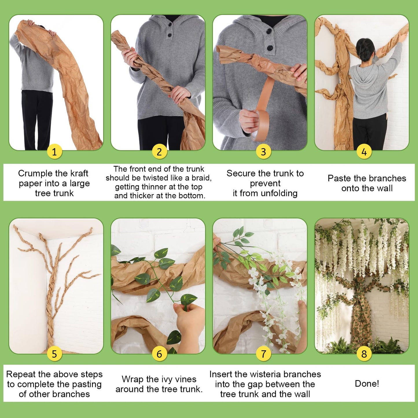 XunYee 3D Wisteria Tree Wall Decor for Room Classroom Ceiling Artificial Wisteria Hanging Flowers DIY Cardboard Paper Tree with Green Vine Kraft Paper Fairy Bulletin Board Decorations(White)