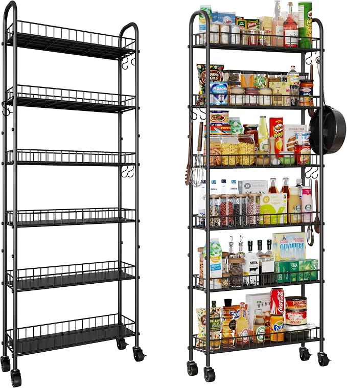 6-Tier Slim Storage Cart, Rolling Kitchen Cart with Wheels | Narrow Metal Shelf Organizer with Hooks for Kitchen, Bathroom, Living Room, Laundry, Small Spaces, Black, 6 in