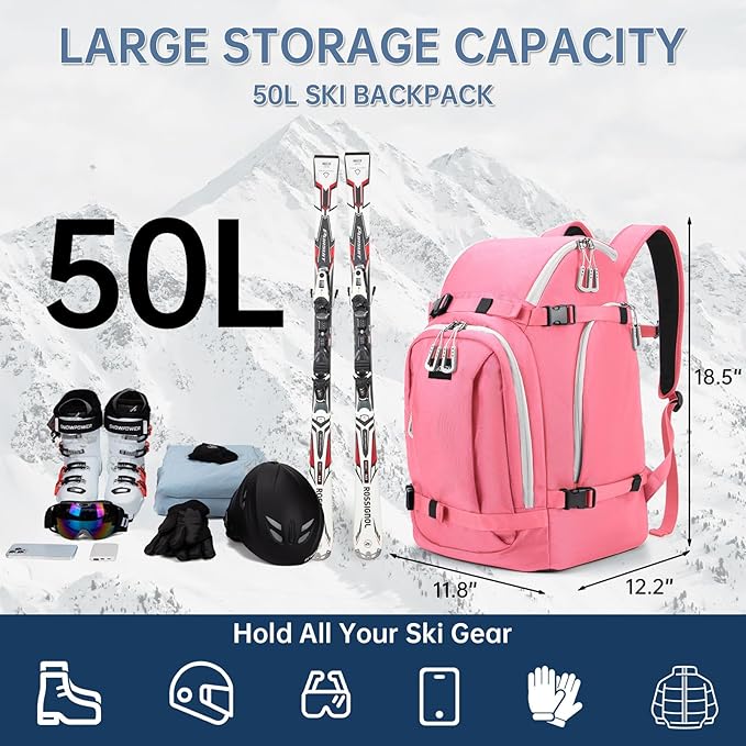 Ski Boot Bag, 50L Ski Boot Travel Backpack for Skis, Snowboard & Accessories, Waterproof Padded Ski Boot Bag Backpack