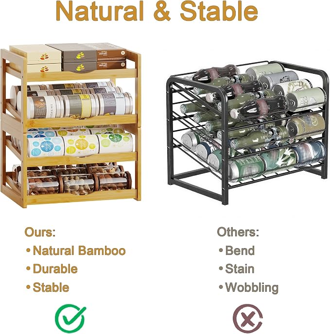BAMBANG Can Organizer for Pantry, 4 Tier Stackable Bamboo Canned Food Storage Rack, Rolling Soda Can Dispenser Holds Up to 48 Cans, Detachable Can Organizer for Cabinet, Natural