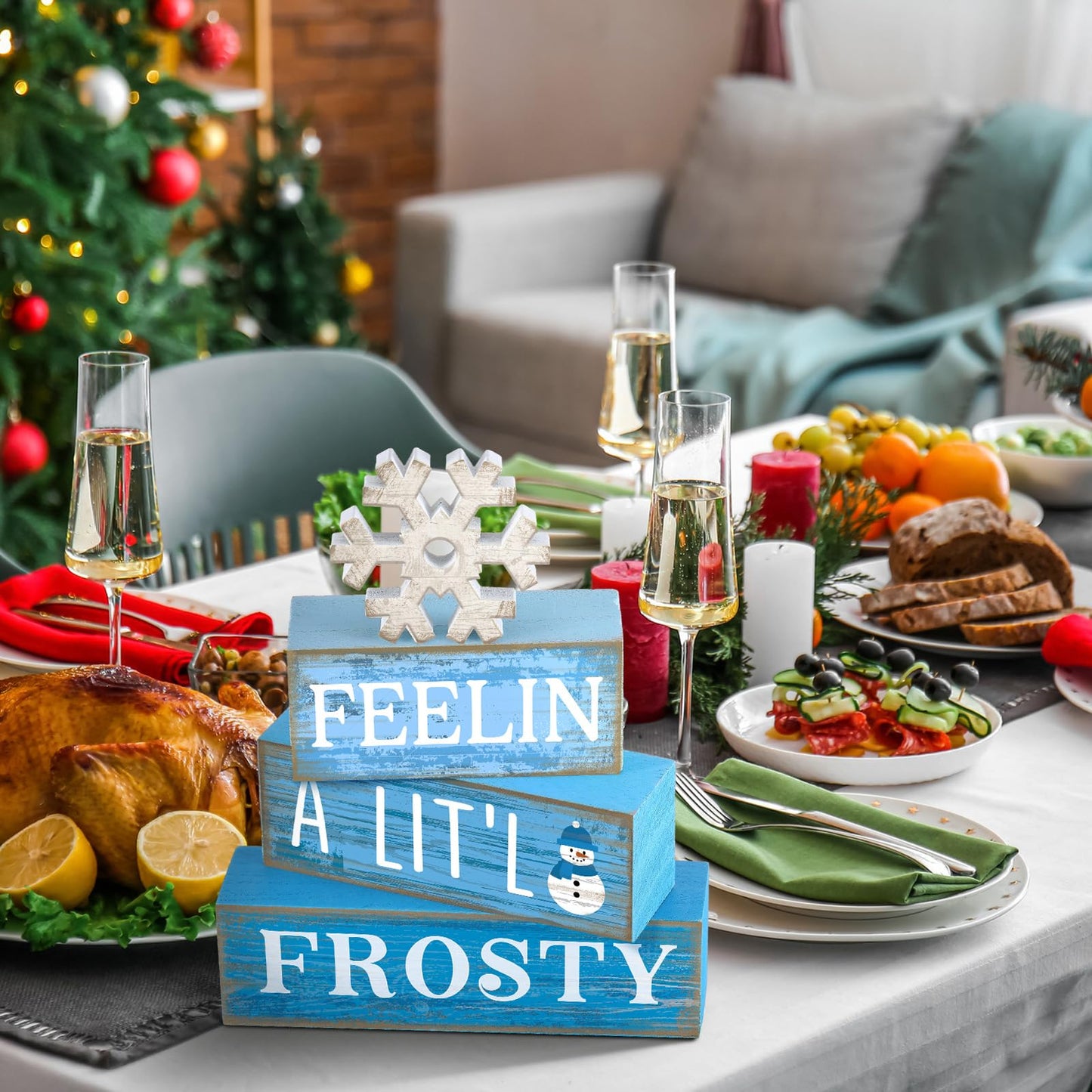 Yuntau 4 Pcs Winter Wooden Tabletop Decor Christmas Snowflake Tiered Tray Decor Rustic Wood Block Sign Gift Winter Centerpiece for Shelf Office Farmhouse Table Frozen Birthday Party Decoration
